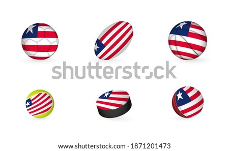 Sports equipment with flag of Liberia. Sports icon set of Football, Rugby, Basketball, Tennis, Hockey, Cricket.