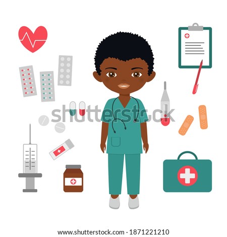 Cute chibi boy character in medical suit. Medical pharmaceutical, big set of medical products. Professions for children. Vector illustration