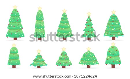 Cartoon fir trees in garlands. Set of Christmas trees on a white background. Can be used for printed products - flyers, posters, business cards. Vector illustration
