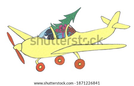 comic hand drawn clip art with funny pilot cartoon of aero plane for Christmas card or children room decoration