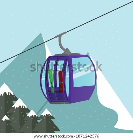 Alps ski lift gondola with skis and snowboard above the mountain's peak. Extreme tourist backgrounds and vector illustrations