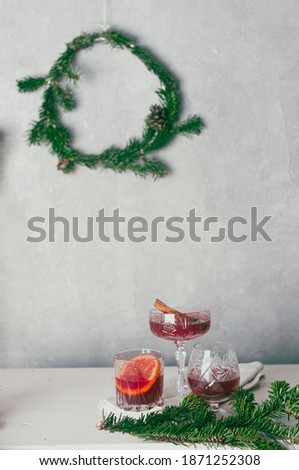 Mulled wine Сhristmas holiday red beautiful festive moody  pictures with stylish decoration pine trees minimalism