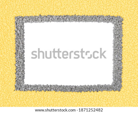 Two color frame.Ultimate gray of smooth pebbles plastic wrap inside and illuminating yellow of photocopy effect around as stones.Borders of rectangular copy space.Texture isolated on white background