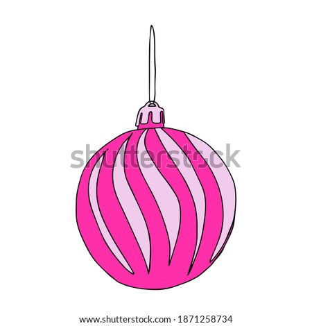 Beautiful hand-drawn vector illustration of one toy Christmas pink and white ball with texture isolated on a white background for coloring book for children