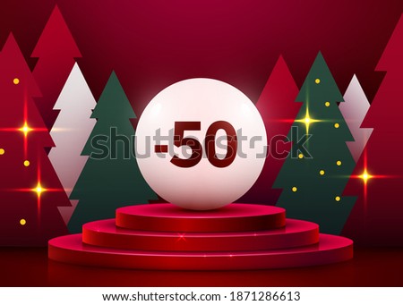 Mock up scene. Podium shape for show discount sale. stage pedestal or platform. Winter Christmas red background with tree xmas. Vector illustration