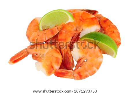 Group of cooked king tiger prawns isolated on a white background