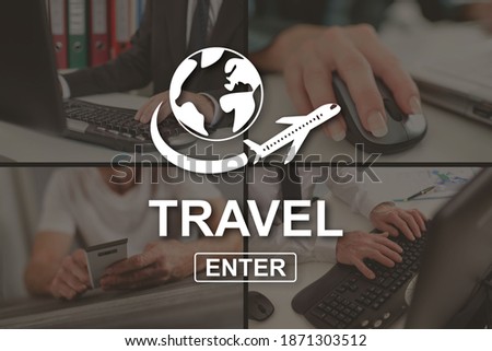 Travel concept illustrated by pictures on background