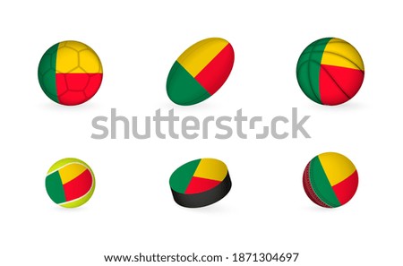 Sports equipment with flag of Benin. Sports icon set of Football, Rugby, Basketball, Tennis, Hockey, Cricket.