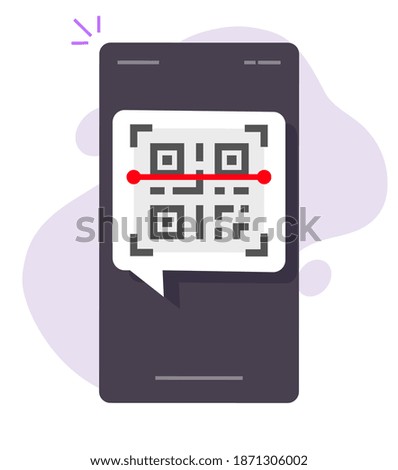 Scanning qr code via mobile cellphone or smartphone app icon vector flat cartoon illustration isolated design