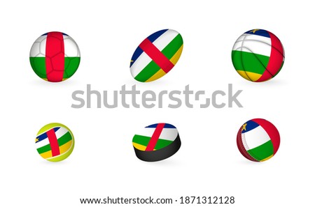 Sports equipment with flag of Central African Republic. Sports icon set of Football, Rugby, Basketball, Tennis, Hockey, Cricket.