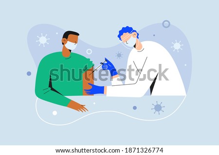 Coronavirus vaccination, doctor injecting a patient, getting first shot of covid vaccine in arm muscle. Medical doctor in protective suit and mask, process of immunization against covid-19, vector Royalty-Free Stock Photo #1871326774