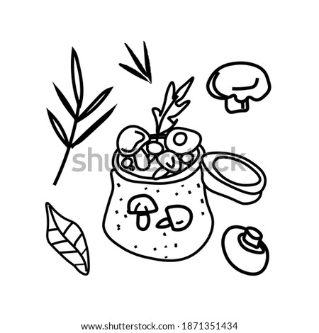 Vector set of illustrations with champignons,herbs,jar in doodle style.Collection with food black lines hand drawn.Clip art with mushrooms,rosemary,basil.Design for packaging,social network,web,menu.