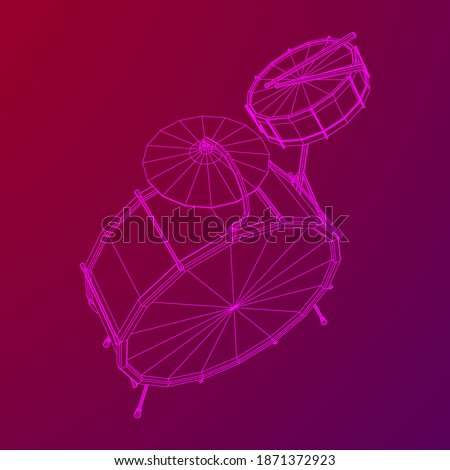 Musical instruments set. Rock band drum kit. Percussion musical instrument drums, stick and cymbal. Wireframe low poly mesh vector illustration.