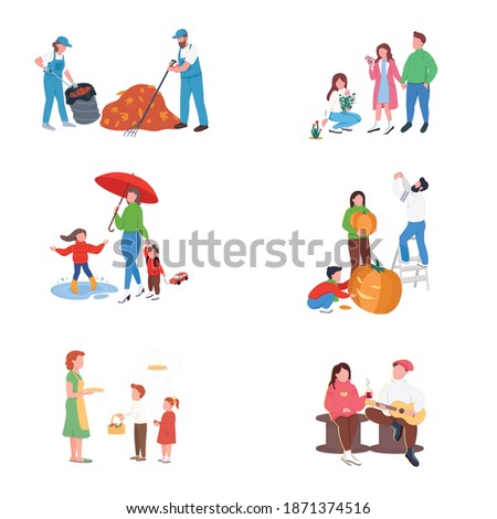 City autumn people flat color vector faceless character set. Couple with guitar, drink. Rest, recreation. Fall activities isolated cartoon illustration for web graphic design and animation collection