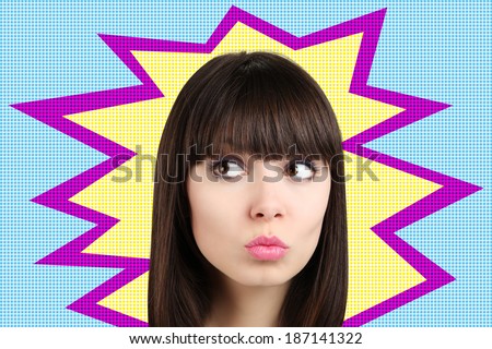 woman looks on colored backgrounds