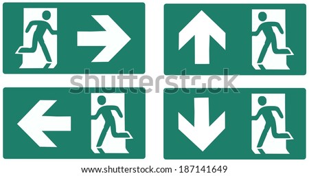 emergency exit green label isolated vector illustration - left right up down set