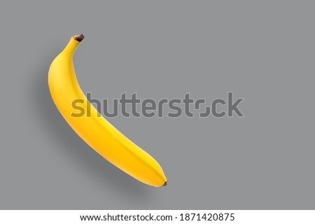 Ripe unpeeled banana with bright yellow peel on gray background isolated. Tropical ingredients concept, color 2021.