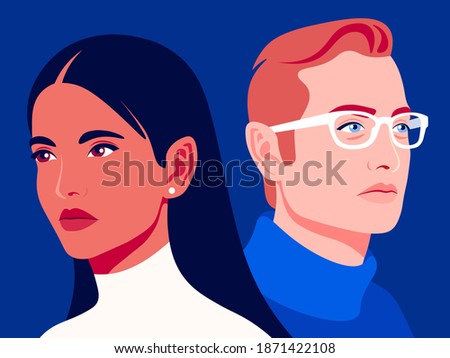 Woman and man. Family relationships and gender conflict. Psychology. Husband and wife are getting divorced. Vector flat illustration