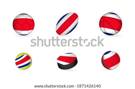 Sports equipment with flag of Costa Rica. Sports icon set of Football, Rugby, Basketball, Tennis, Hockey, Cricket.