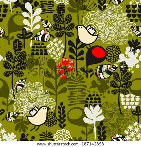 Birds and flowers seamless pattern. Vector texture.  