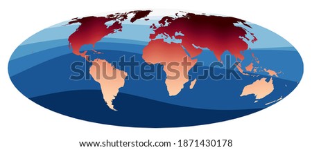 World Map Vector. Bromley projection. World in red orange gradient on deep blue ocean waves. Elegant vector illustration..