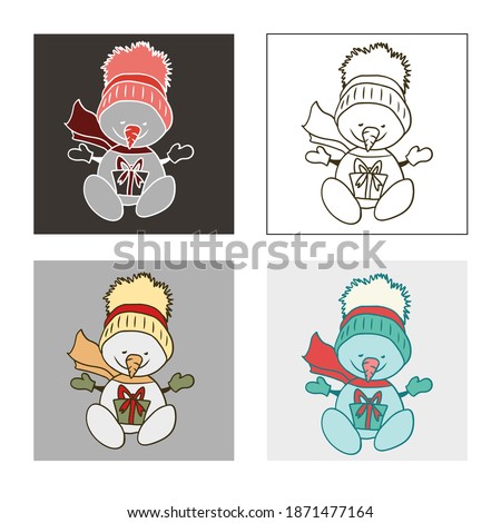 A set of 4 images of a snowman in a hat with pompom, scarf and mittens opening a gift in different shades. Freehand drawing in flat simple style. Winter, Christmas, New Year, season’s greetings, color