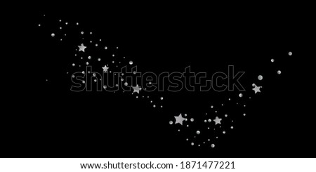 Silver star of confetti. Falling starry background. Random stars shine on a black background. The dark sky with shining stars. Flying confetti. Suitable for your design, cards, invitations, gifts. 