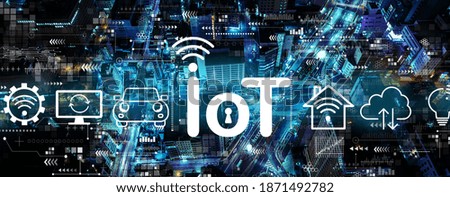 IoT theme with aerial view of urban city at night
