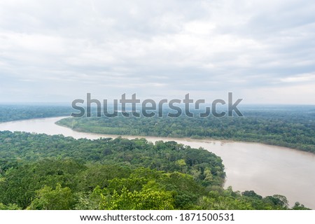 Aerial view of the Guayabero river in San Jose del Guaviare, with a cloudy sky and a green and humid tropical rain forest with trees and palms in both sides of the river.