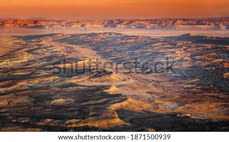 Aerial view on the landscape of the Arches National Park, Utah at sunrise