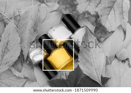 Color of the year 2021. Black and white nail polish bottles with yellow square. Nail polish bottles decorated with autumn leaves.