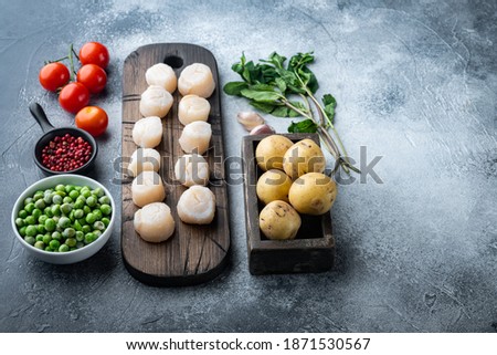 Raw uncooked scallops with mashed mint potatoes ingredients, on grey background with space for text