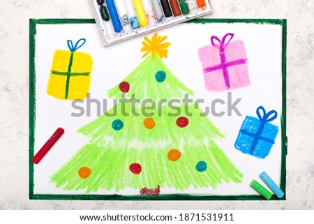 Colorful drawing: Beautiful Christmas card with  Christmas tree and gifts
