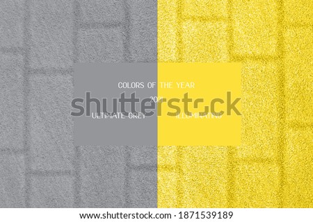 Yellow grass background with a brick wall texture. Trendy colors of year 2021.