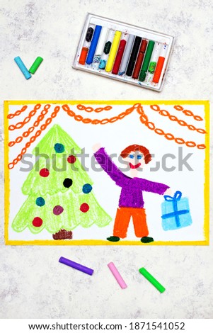 Colorful drawing: A Christmas time. Beautiful Christmas tree and happy men hoding a gift