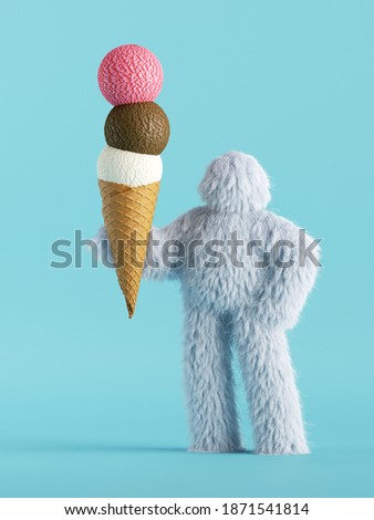 3d render, white hairy yeti holds assorted ice-cream balls in waffle horn, furry bigfoot toy. Food clip art isolated on light blue background