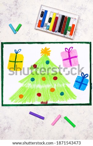 Colorful drawing: Beautiful Christmas card with  Christmas tree and gifts