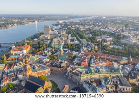 Riga, Latvia, Baltics. Aerial view photo from flying drone panoramic  to Old Riga Town on the background of the Daugava River and downtown on a beautiful early morning