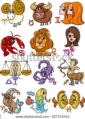 Cartoon Illustration of All Horoscope Zodiac Signs Set