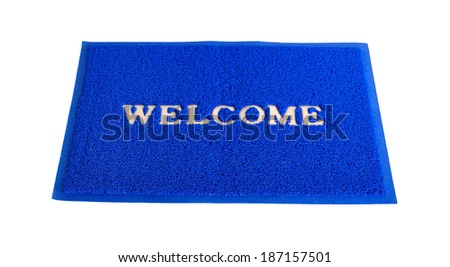 Blue welcome door mat isolated on white with clipping path.