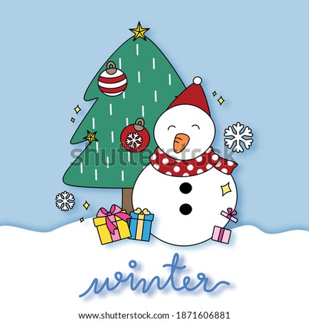 snow man and winter season with gift, Christmas tree, snow flake, star, light bubble and snow with winter word background. Simple cute hand draw line vector and flat icons illustration 