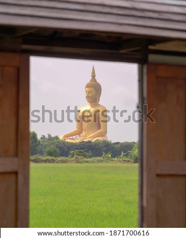The Giant Golden Buddha in Wat Muang in Ang Thong district with paddy rice field near Bangkok. Urban town city, Thailand.