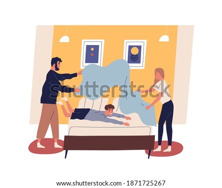 Mother and father make bed with playful kid. Happy family with child doing housework together. Scene of daily routine or domestic duties. Flat vector cartoon illustration isolated on white Royalty-Free Stock Photo #1871725267
