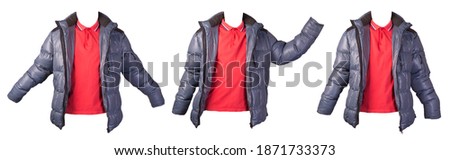 set of three men's red t-shirt and blue jacket isolated on white background.casual clothing