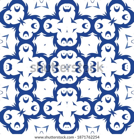 Portuguese ornamental azulejo ceramic. Fashionable design. Vector seamless pattern texture. Blue vintage backdrop for wallpaper, web background, towels, print, surface texture, pillows.