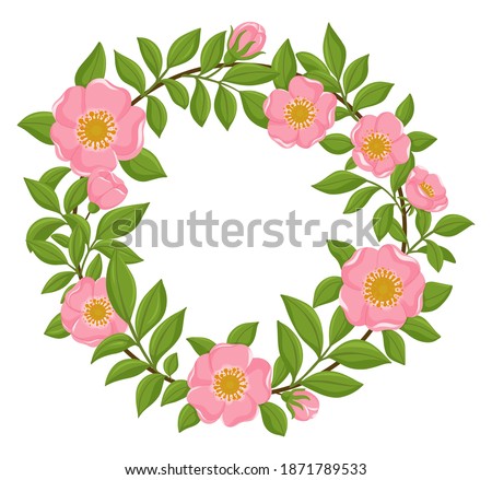 Beautiful wreath with wild roses. Modern design for greeting card, postcard,  invitation, event. Valentine's Day concept. Vector illustration. 