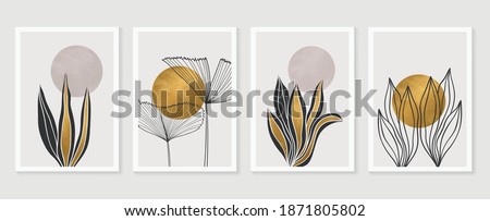 Gold Botanical wall art vector set. Earth tone boho foliage line art drawing with  abstract shape.  Abstract Plant Art design for print, cover, wallpaper, Minimal and  natural wall art. Royalty-Free Stock Photo #1871805802