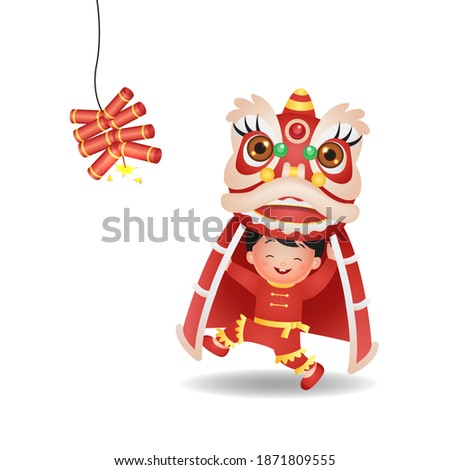 Asian boy celebrate Lunar new year with Lion dance performance and Chinese fire crackers firework. Cute clip art isolated on white.