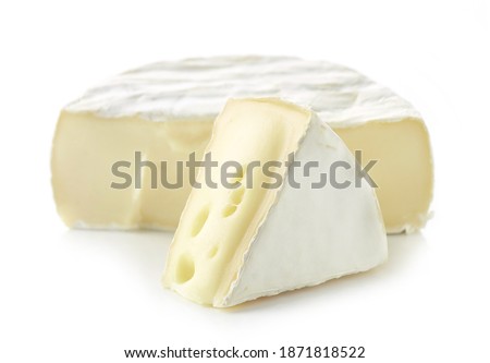 two pieces of fresh brie cheese isolated on white background, selective focus Royalty-Free Stock Photo #1871818522