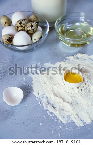 Baking Cooking Ingredients Flour Eggs Rolling Pin Butter And Kitchen Textile 